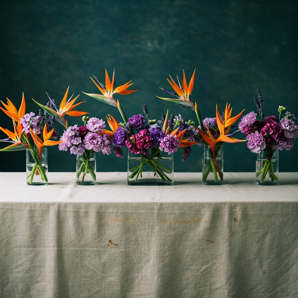Elegant flower arrangement with Birds of Paradise and purple carnations
